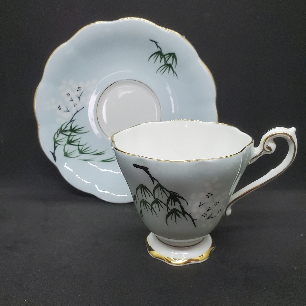 Vintage Royal Standard Oriental Style Blue Tea Cup & Saucer, Cherry Blossoms MCM